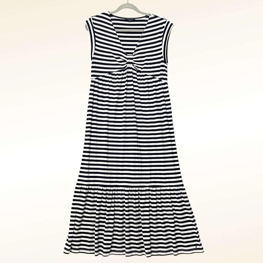 Tommy Hilfiger Navy White Striped Empire Waist Midi Dress Size Small Preppy